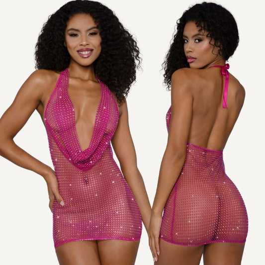 Rhinestone Cowl Neck Sexy Mini Dress Pink by Dream Girl