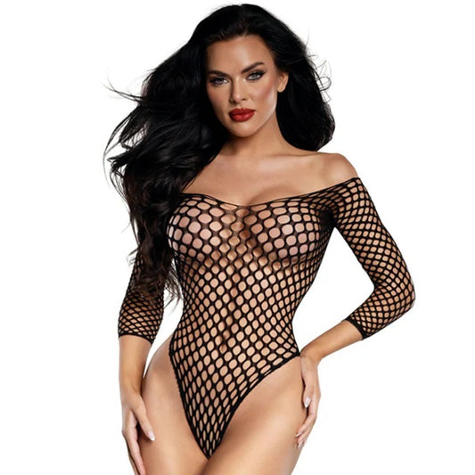 Fishnet Off The Shoulder Bodysuit OS by Dream Girl Lingerie - Teddies and Bodysuits
