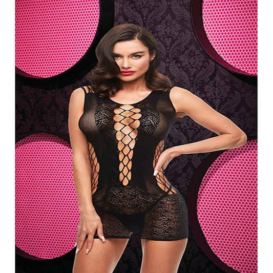 Lapdance Lingerie Lace And Fishnet Halter Dress Black - Body Stockings