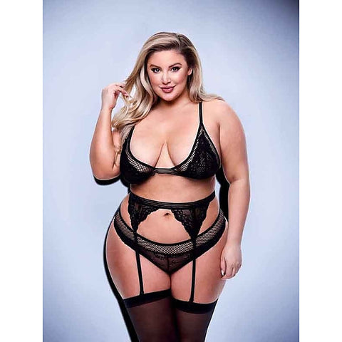3 Piece Lace & Mesh Bra Garter & Panty Set - Bras and Bra Sets