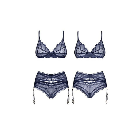 Nightly Blue Bra Panty Garter 3 Pc Lingerie Set by Obsessive - Bras and Bra Sets