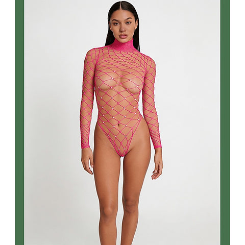 Wide Net Rhinestone Long Sleeve Bodysuit by Love In Leather