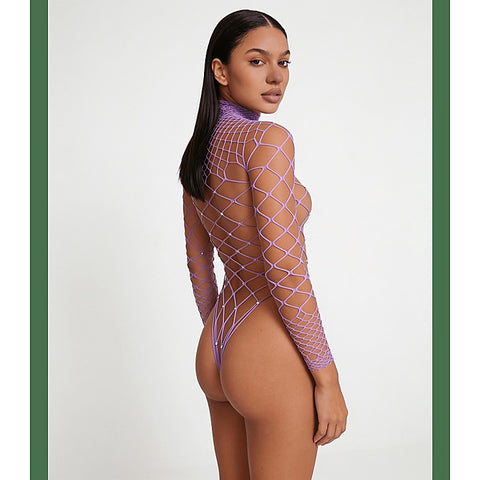 Wide Net Rhinestone Long Sleeve Bodysuit by Love In Leather