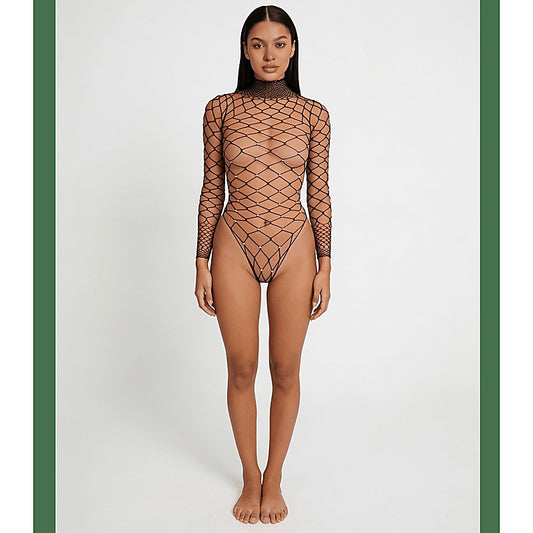 Wide Net Rhinestone Long Sleeve Bodysuit by Love In Leather - Teddies and Bodysuits