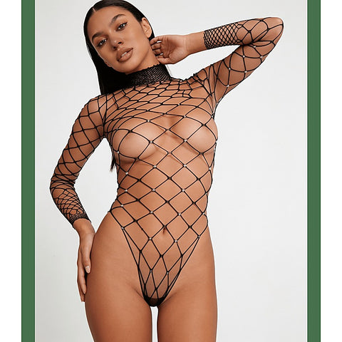 Wide Net Rhinestone Long Sleeve Bodysuit by Love In Leather