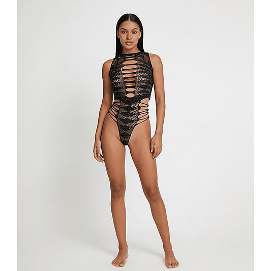 Strappy Rhinestone Sleeveless Bodysuit by Love In Leather - Teddies and Bodysuits