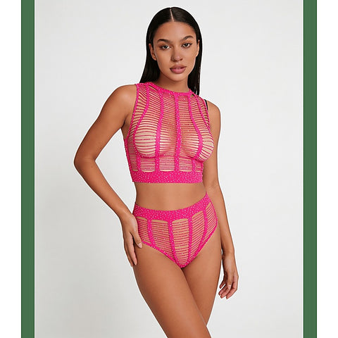 Rhinestone Two Piece Lingerie Set by Love In Leather - Bras and Bra Sets