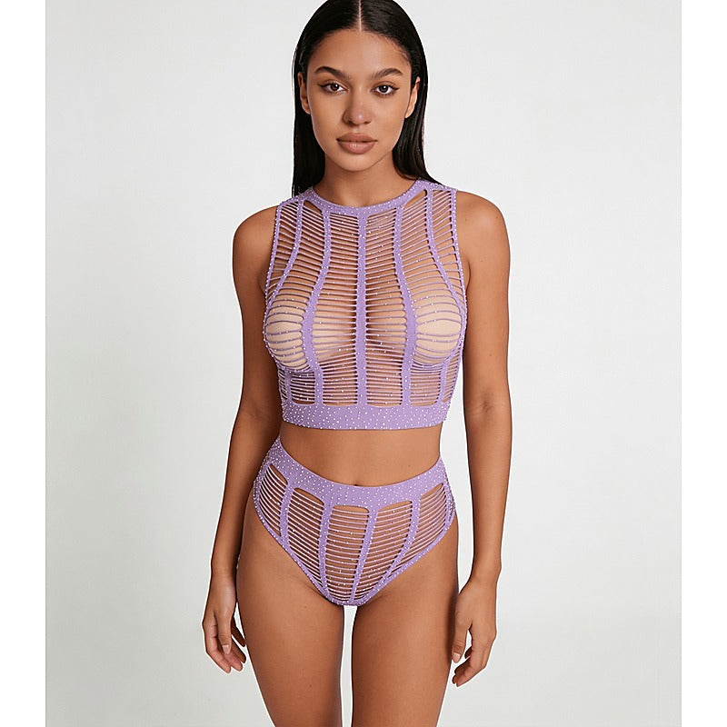 Rhinestone Two Piece Lingerie Set by Love In Leather - Bras and Bra Sets