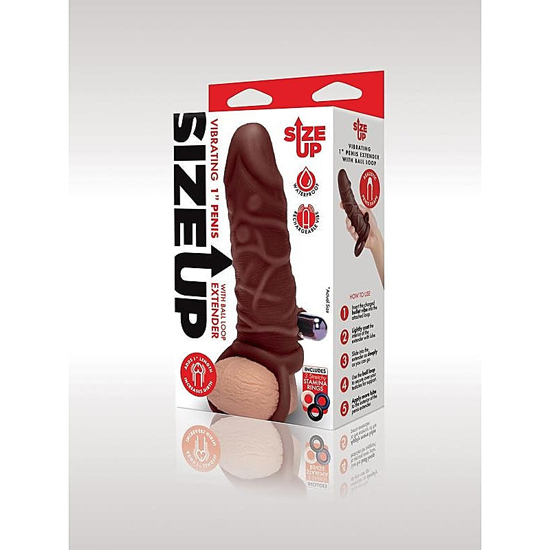 Xgen Size Up 1 Inch Silicone Vibrating Realistic Penis Extender With Ball Loop Dark Tan - Penis Sleeves and Extenders