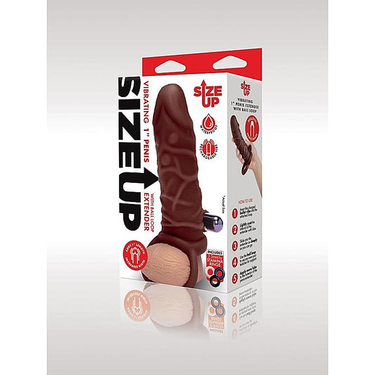 Xgen Size Up 1 Inch Silicone Vibrating Realistic Penis Extender With Ball Loop Dark Tan