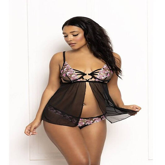 Seven Til Midnight Two Piece Multicolored Embroidered Floral Galloon Lace And Mesh Babydoll Set With Underwire Black - Babydolls and Chemises