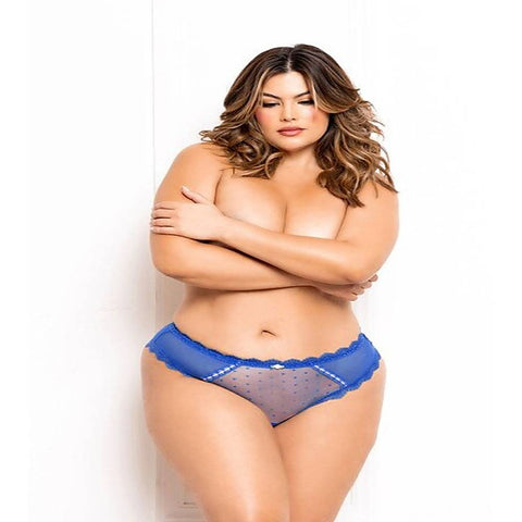 Seven Til Midnight Dot And Micro Mesh Open Crotch Panty With Lace Trim Blue - G-Strings, Panties and Shorts