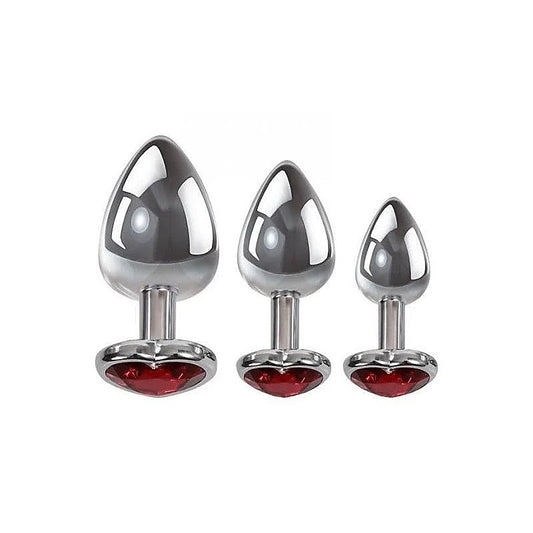 Adam and Eve Three Hearts Gem Metallic Anal Plug Set with Gem Bases - Butt Plugs