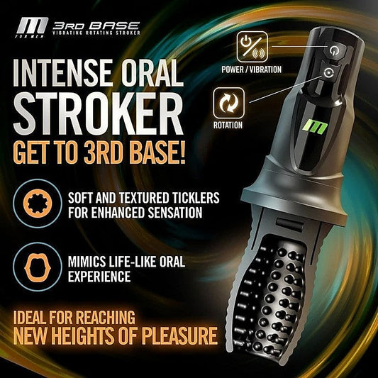 Blush Novelties M For Men 3rd Base Vibrating & Rotating Auto Stroker Black - Masturbators and Strokers