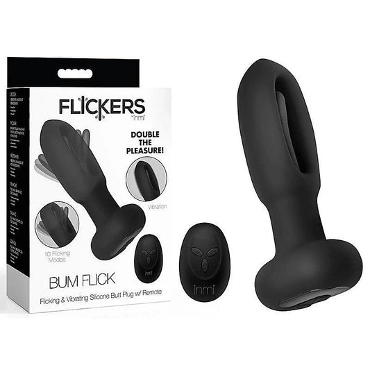 XR Brands Inmi Flickers Bum Flick Flicking & Vibrating Butt Plug With Remote Black - Butt Plugs