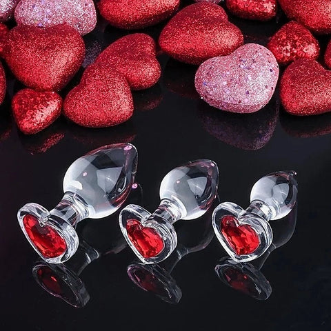Adam and Eve Red Heart Gem Glass Butt Plug Set Clear 3 sizes - Butt Plugs