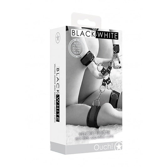 Shots Toys OUCH Black and White Velcro Hogtie With Hand and Ankle Cuffs - Cuffs And Restraints