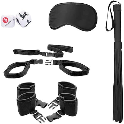 Shots Toys OUCH Black and White Bed Post Bindings Restraint Kit - Cuffs And Restraints