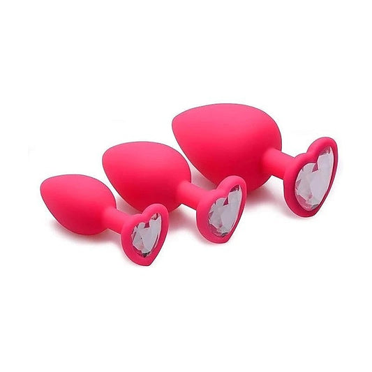 Frisky Pink Hearts Silicone Anal Plugs with Gem Accents 3 Piece - Butt Plugs