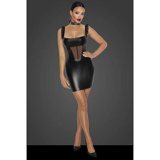 Power Wetlook Short Dress With Front Tulle Inserts Black - Her Fetish