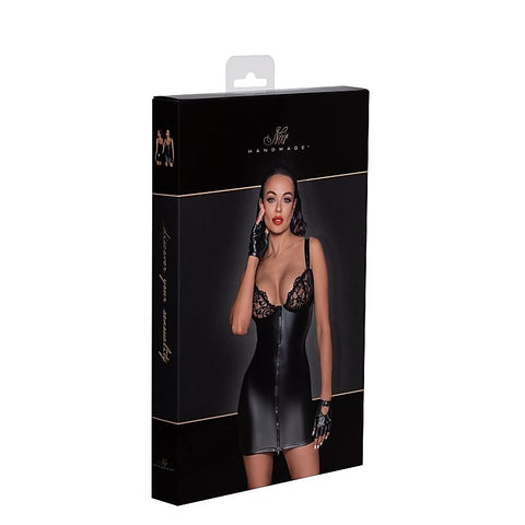 Power Wetlook Mini Dress With Lace Chest and Two Way Zipper Black - Her Fetish