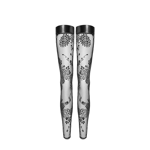 Tulle Stockings with Patterned Flock Embroidery - Her Fetish