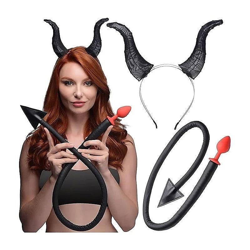 Tailz Devil Tail Anal Plug and Horn Set Black - Butt Plugs