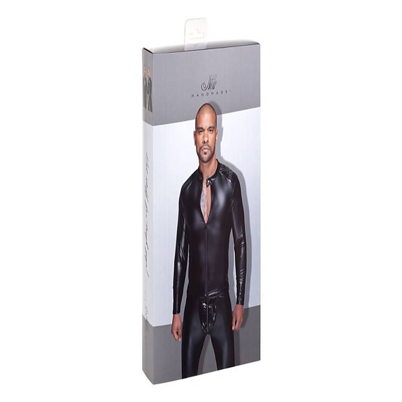 Noir Handmade Power Wetlook Mens Jacket With Pleated PVC Epaulets - His Fetish