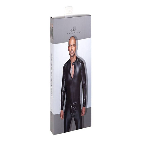 Noir Handmade Power Wetlook Mens Jacket With Pleated PVC Epaulets - His Fetish