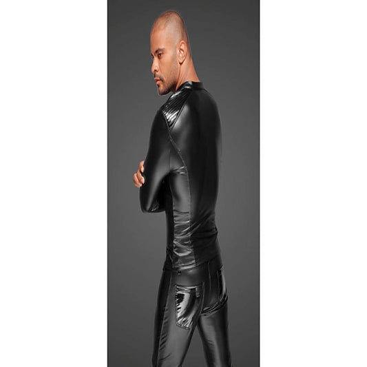 Noir Handmade Power Wetlook Mens Jacket With Pleated PVC Epaulets