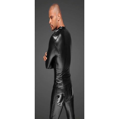 Noir Handmade Power Wetlook Mens Jacket With Pleated PVC Epaulets - His Fetish