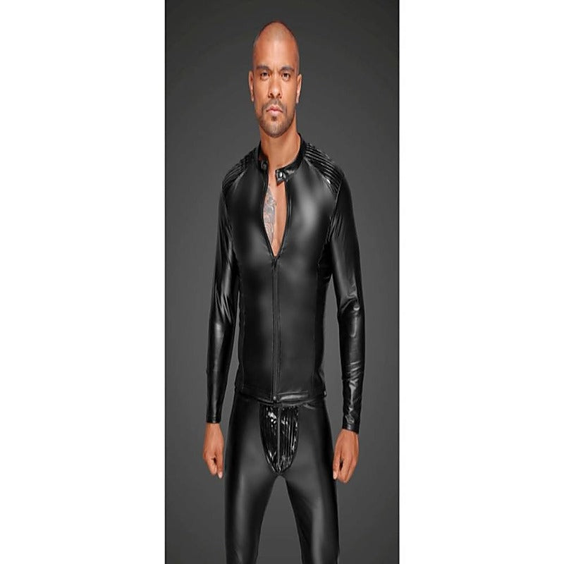 Noir Handmade Power Wetlook Mens Jacket With Pleated PVC Epaulets - His Fetish