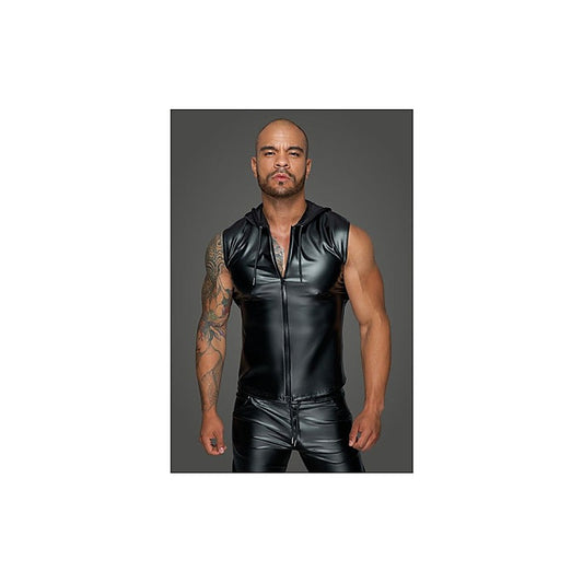 Noir Handmade Powerwetlook Sleeveless Hooded Mens Shirt with 2 Way Zipper