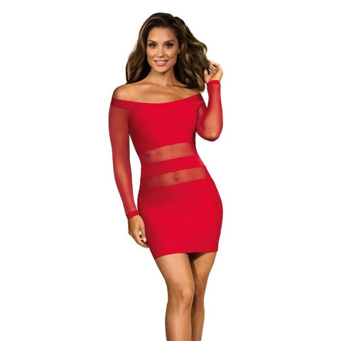 Off The Shoulder Mesh Panel Dress Red by Axami Lingerie - Skirts And Club Wear