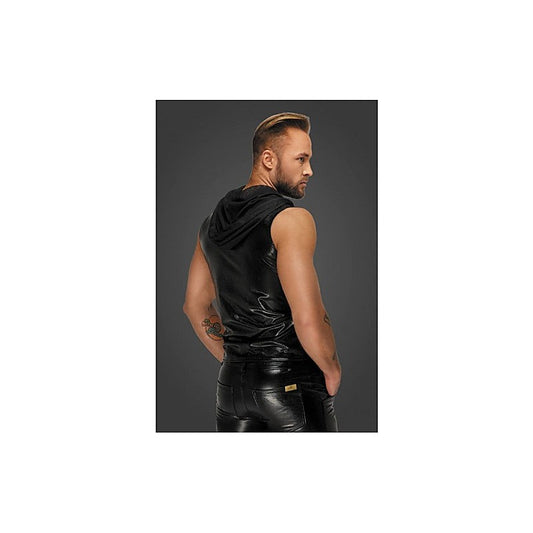 Noir Handmade Mens Snake Wetlook Sleeveless Zip-up Top with Sheer Hood