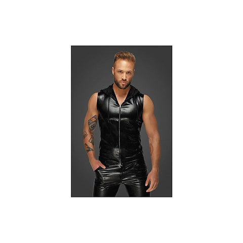Noir Handmade Mens Snake Wetlook Sleeveless Zip-up Top with Sheer Hood - His Fetish