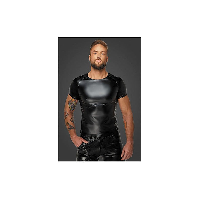 Noir Handmade Wetlook Mens T-Shirt with Snake Wetlook Sleeves - His Fetish