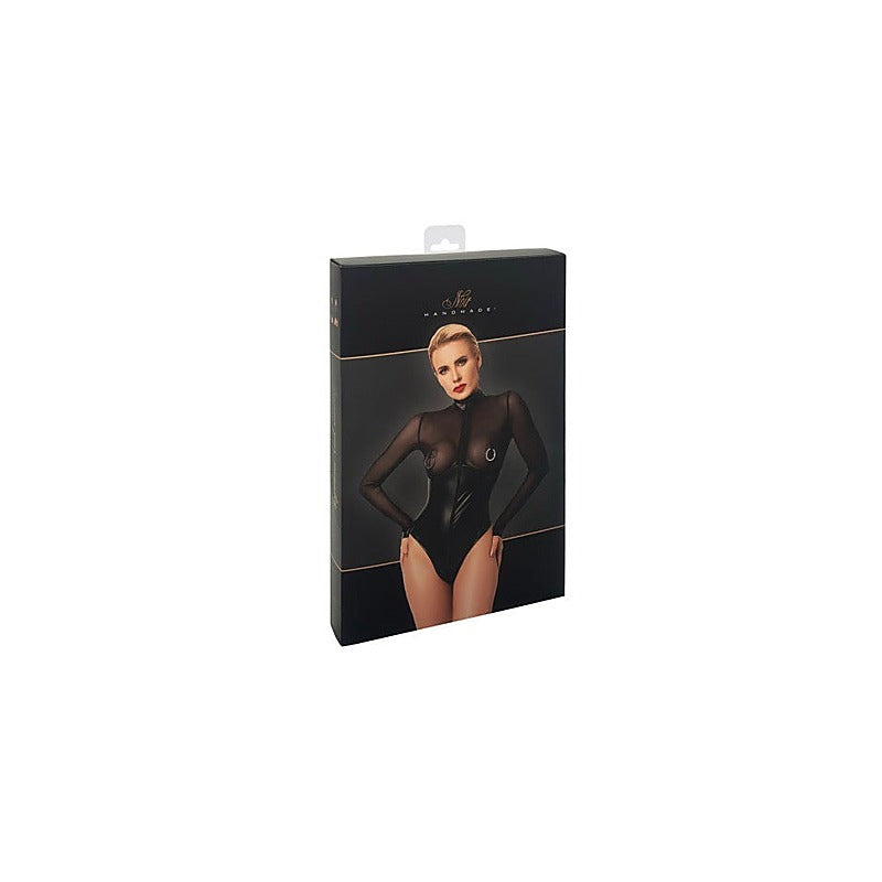 Noir Handmade Edge Wetlook and Mesh Bodysuit With Rings Black - Her Fetish
