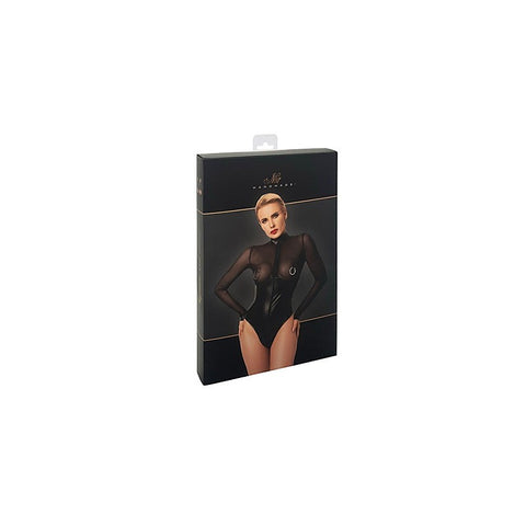 Noir Handmade Edge Wetlook and Mesh Bodysuit With Rings Black - Her Fetish