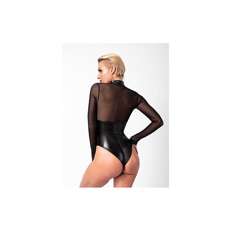 Noir Handmade Edge Wetlook and Mesh Bodysuit With Rings Black - Her Fetish