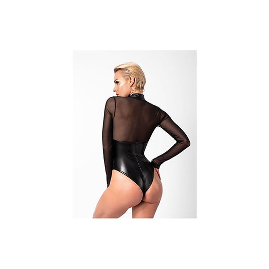 Noir Handmade Edge Wetlook and Mesh Bodysuit With Rings Black - Her Fetish