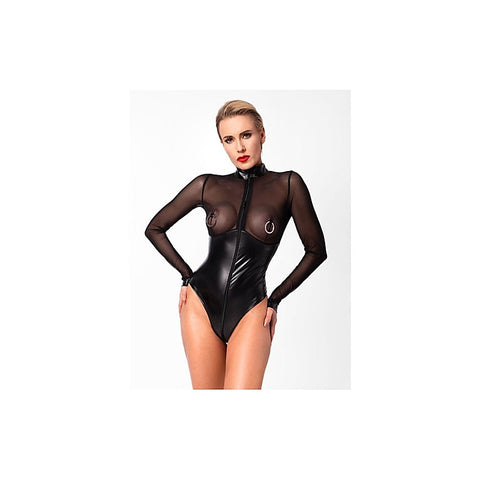 Noir Handmade Edge Wetlook and Mesh Bodysuit With Rings Black - Her Fetish