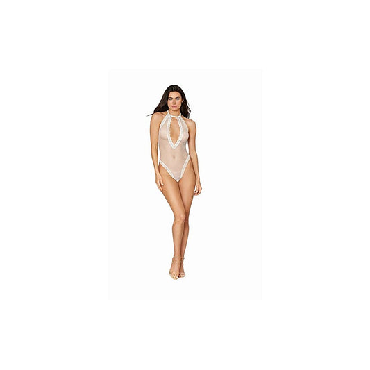 Dreamgirl Lingerie Fishnet Halter Teddy With Stretch Lace Edge Trims White - Teddies and Bodysuits