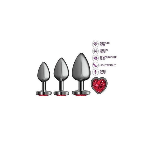 Cheeky Charms Round Metal Butt Plug Gunmetal 3 Piece Kit With Dark Red Heart Jewel - Butt Plugs