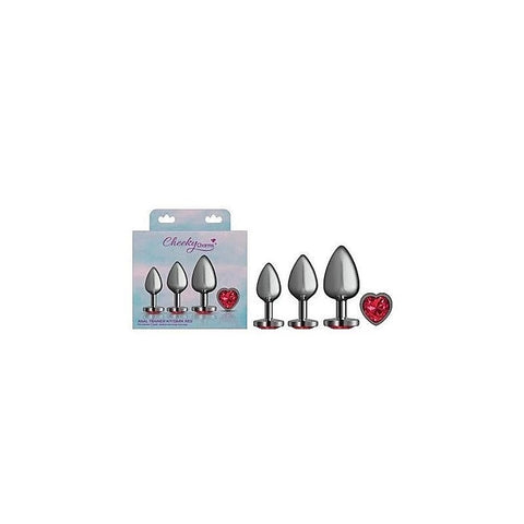 Cheeky Charms Round Metal Butt Plug Gunmetal 3 Piece Kit With Dark Red Heart Jewel - Butt Plugs