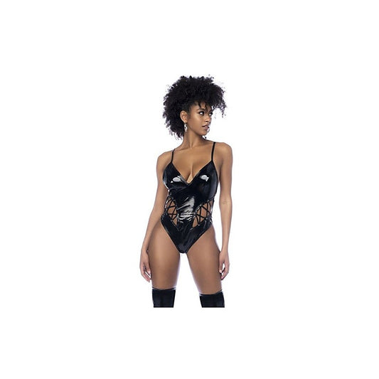 Mapale Wet Look Vinyl Bodysuit With Lace-up Eyelet Details Black - Her Fetish