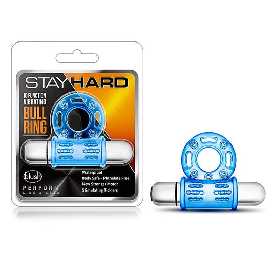Blush Novelties Stay Hard 10 Function Vibrating Bull Cock Ring Blue - Vibrating Cock Rings