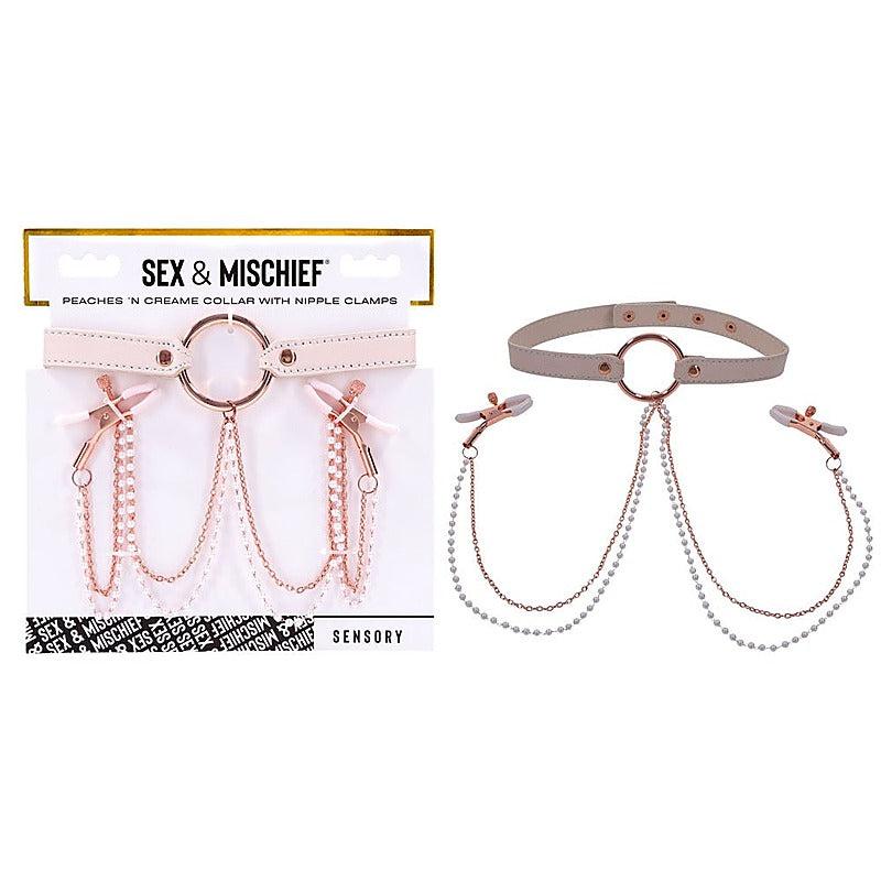Sportsheets Sex & Mischief Peaches N CreaMe Collar With Nipple Clamps - Nipple and Clit Clamps