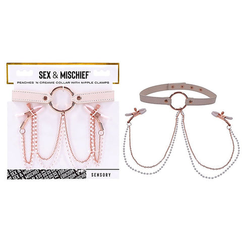 Sportsheets Sex & Mischief Peaches N CreaMe Collar With Nipple Clamps - Nipple and Clit Clamps