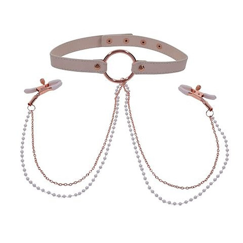Sportsheets Sex & Mischief Peaches N CreaMe Collar With Nipple Clamps - Nipple and Clit Clamps